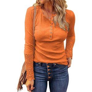 Womens Long Sleeve Henley Shirts - V Neck Lace Button Tops